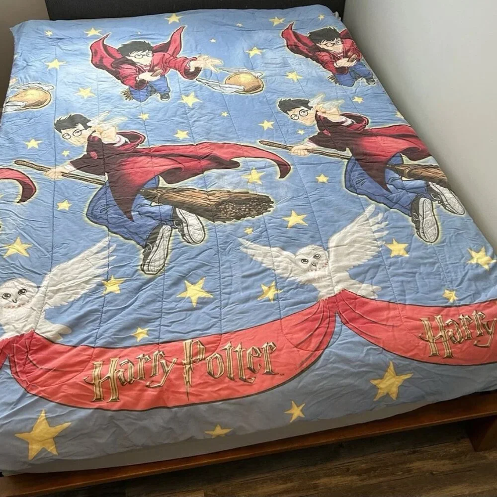 Vtg Harry Potter Quidditch Snitch Hedwig Double Sided Comforter & Pillow Case
